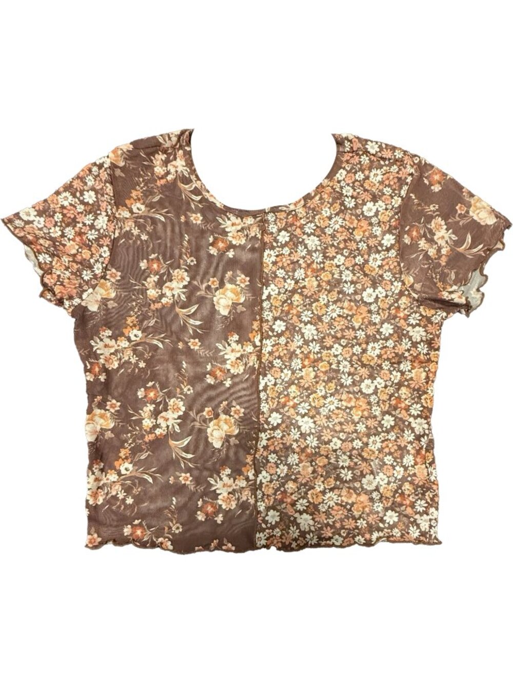 Split Patchwork Floral Mesh Top Brown Lettuce Edge Mesh Tee